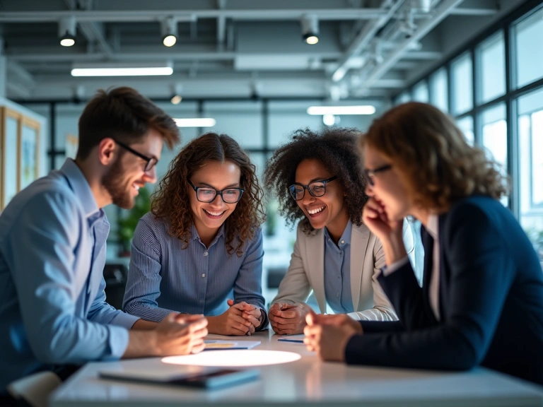 A team of diverse professionals collaborating in a modern office, representing teamwork and innovation