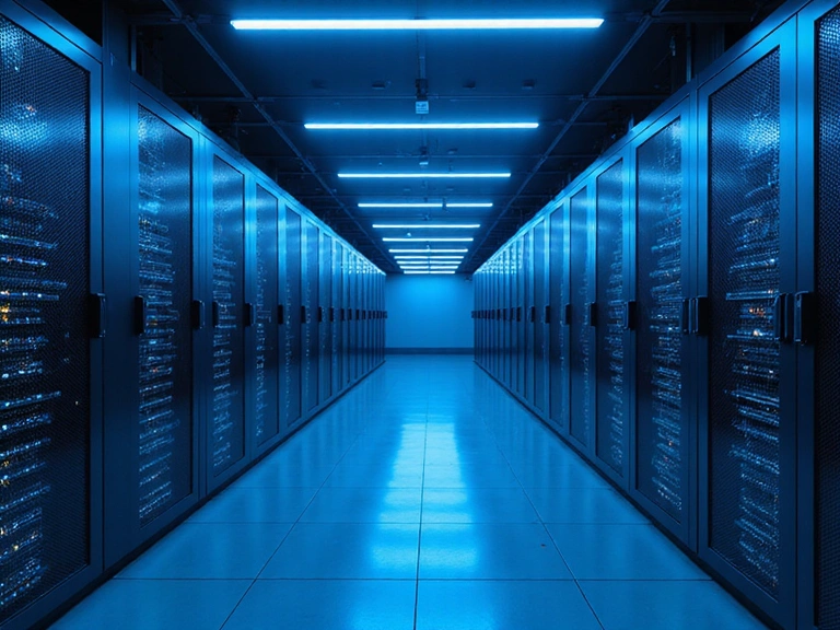 A modern server room with glowing blue lights, symbolizing innovation and technology