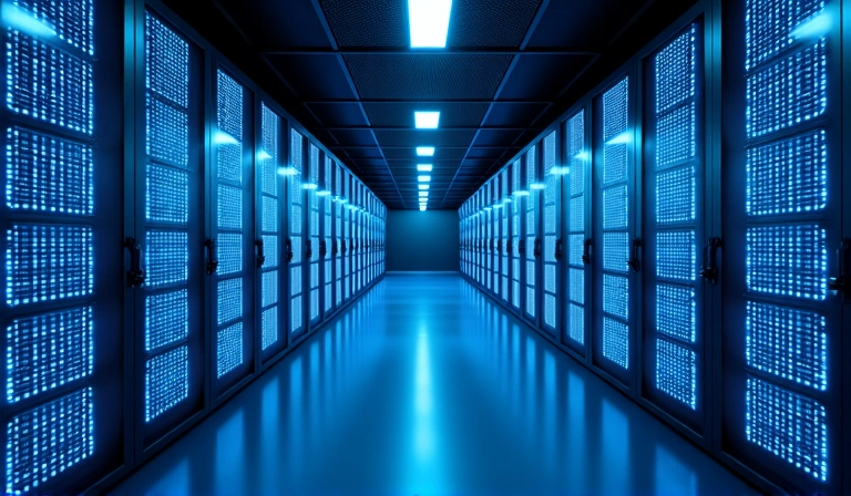 A server room with glowing blue lights, representing cloud infrastructure.
