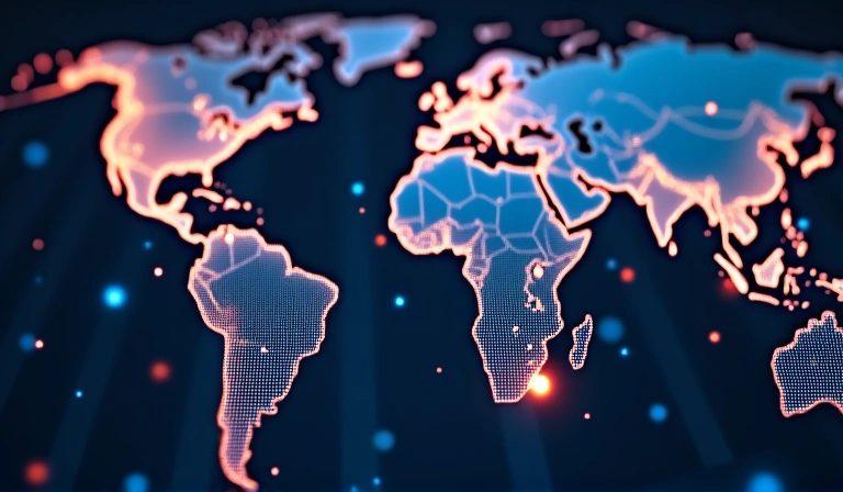 A stylized network of interconnected nodes, representing global connectivity.