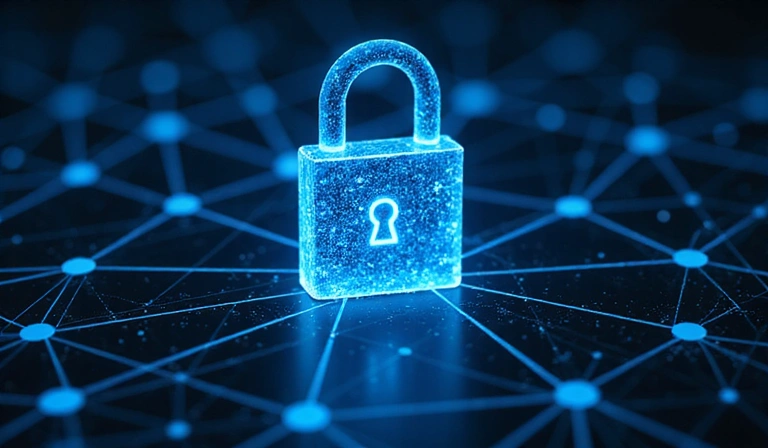 A padlock icon overlaid on a network diagram, symbolizing cybersecurity.