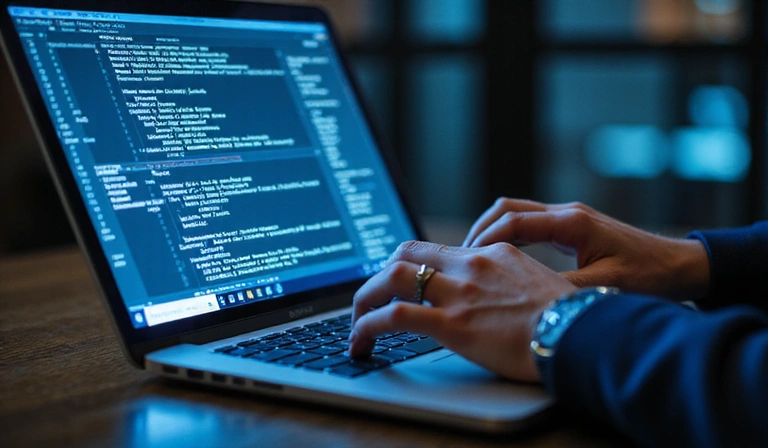 A person working on a laptop with code on the screen, representing development.