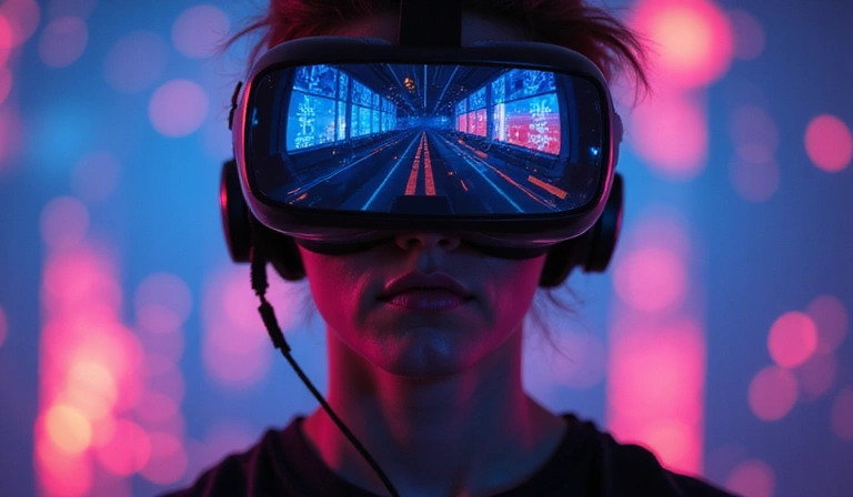 A person wearing a VR headset, immersed in a virtual gaming world.