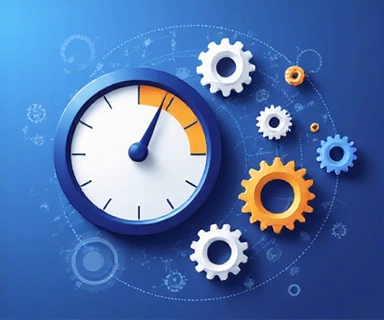 Illustration of a speedometer and gears representing website performance