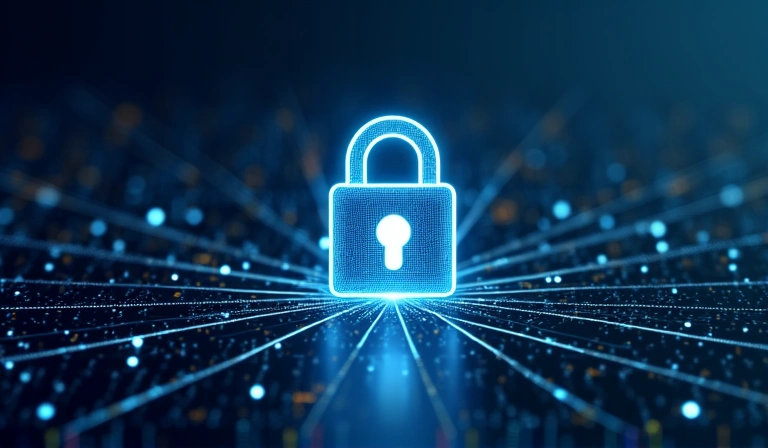 Digital privacy concept with padlock and binary code