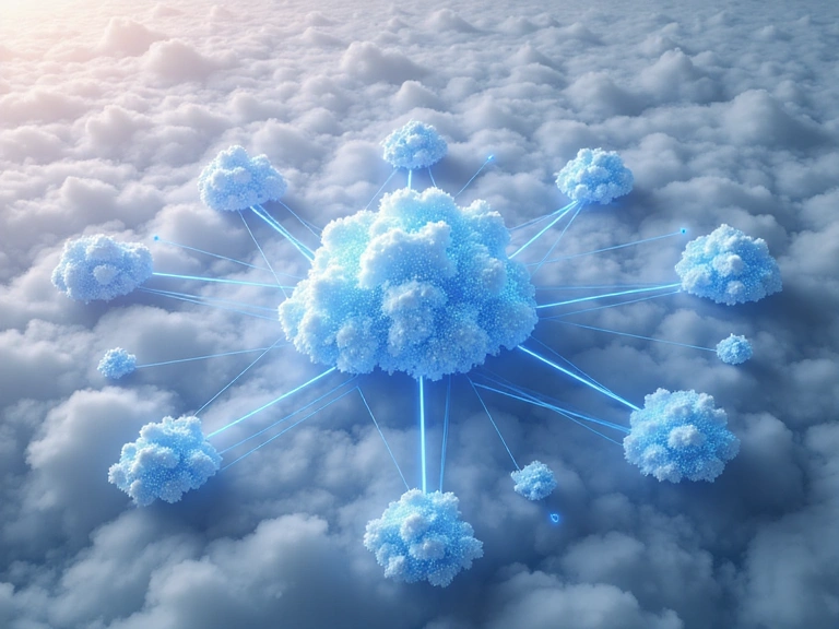 Illustration of a scalable cloud computing network with data flowing between interconnected nodes